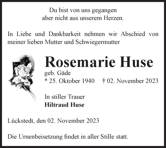 Traueranzeige von Rosemarie Huse von Volksstimme Altmark Ost