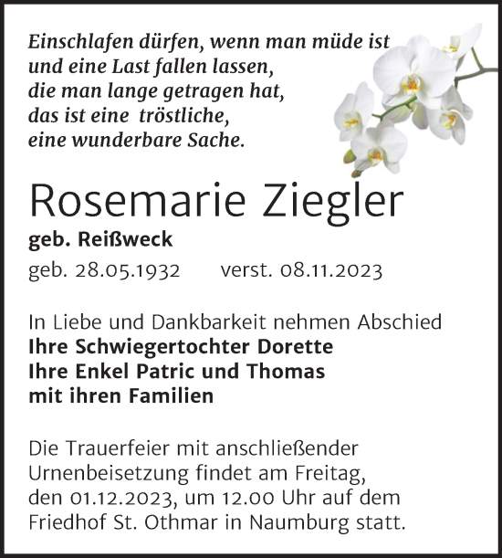 Traueranzeige von Rosemarie Ziegler von Wochenspiegel Naumburg/Nebra