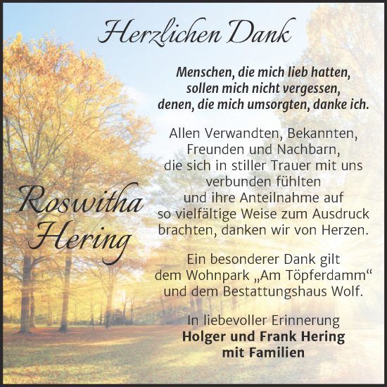 Traueranzeige von Roswitha Hering von Trauerkombi Weißenfels