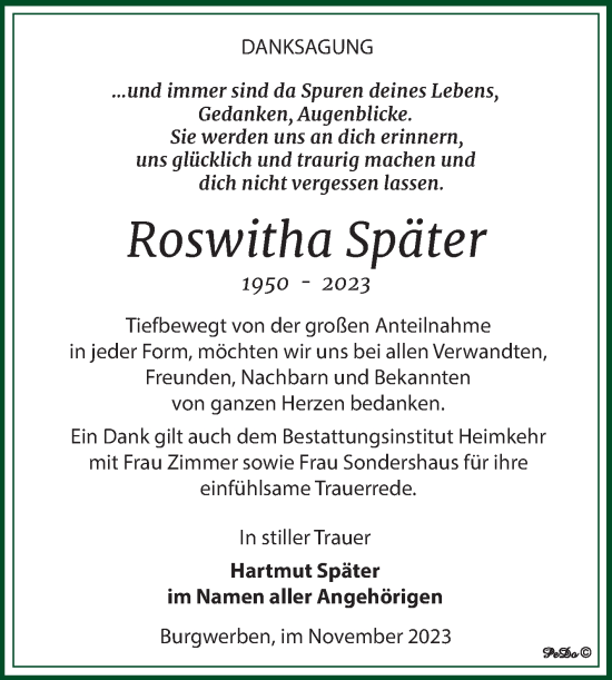Traueranzeige von Roswitha Später von Trauerkombi Weißenfels
