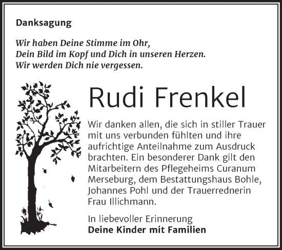 Traueranzeige von Rudi Frenkel von Trauerkombi Merseburg