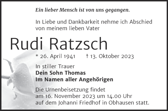 Traueranzeige von Rudi Ratzsch von Trauerkombi Merseburg