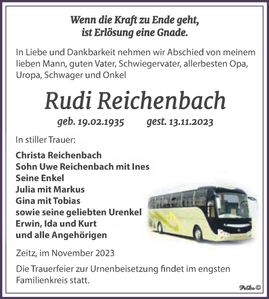 Traueranzeige von Rudi Reichenbach von Trauerkombi Zeitz
