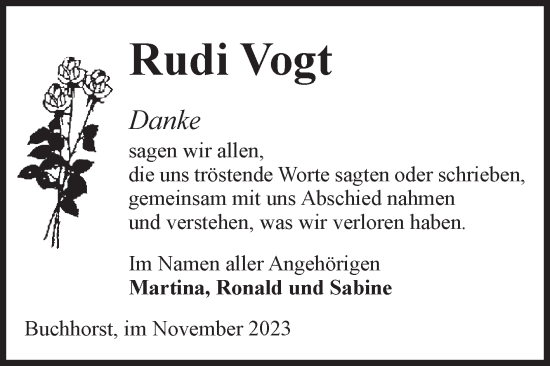 Traueranzeige von Rudi Vogt von Volksstimme Altmark West