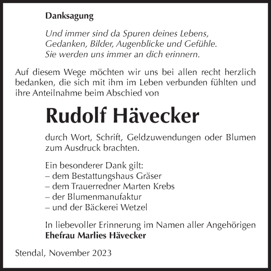 Traueranzeige von Rudolf Hävecker von Volksstimme Altmark Ost