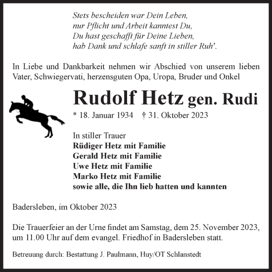 Traueranzeige von Rudolf Hetz von Volksstimme Halberstadt