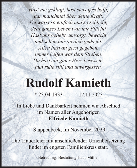 Traueranzeige von Rudolf Kamieth von Volksstimme Altmark West