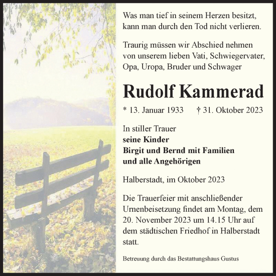 Traueranzeige von Rudolf Kammerad von Volksstimme Halberstadt