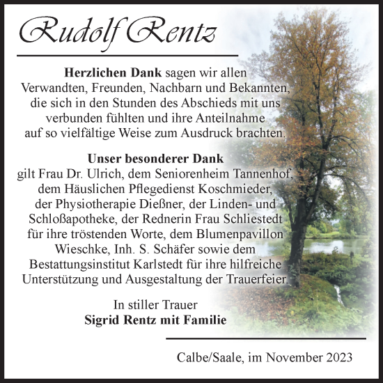 Traueranzeige von Rudolf Rentz von Volksstimme Schönebeck