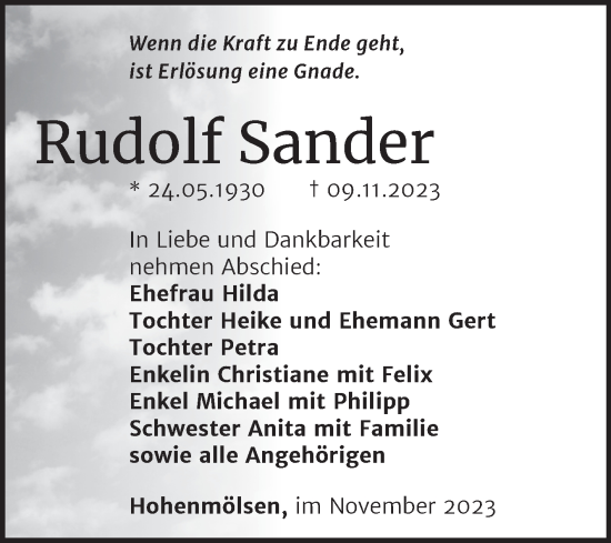 Traueranzeige von Rudolf Sander von Trauerkombi Weißenfels
