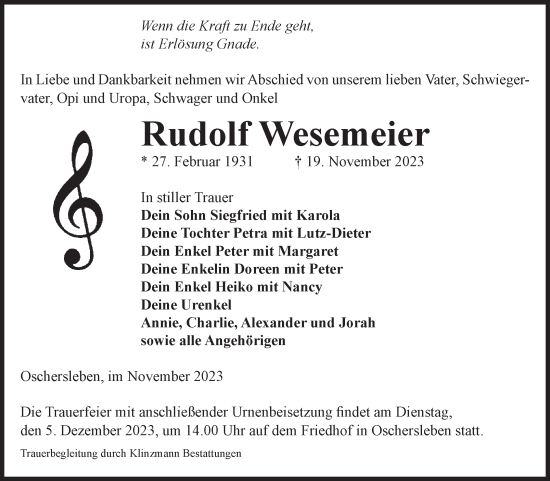 Traueranzeige von Rudolf Wesemeier von Volksstimme Oschersleben/Wanzleben