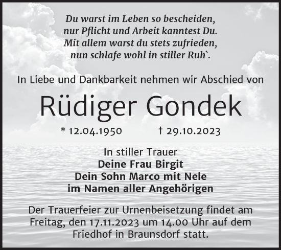 Traueranzeige von Rüdiger Gondek von Trauerkombi Merseburg
