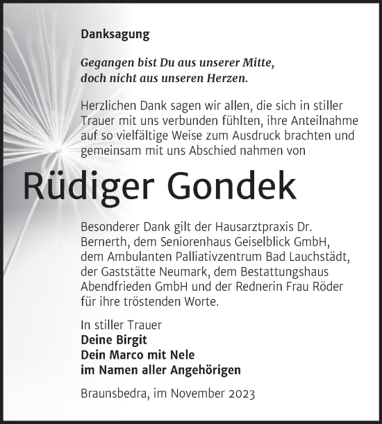 Traueranzeige von Rüdiger Gondek von Trauerkombi Merseburg