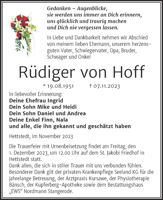Traueranzeige von Rüdiger von Hoff von Trauerkombi Mansfelder Land