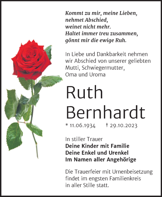 Traueranzeige von Ruth Bernhardt von Trauerkombi Merseburg