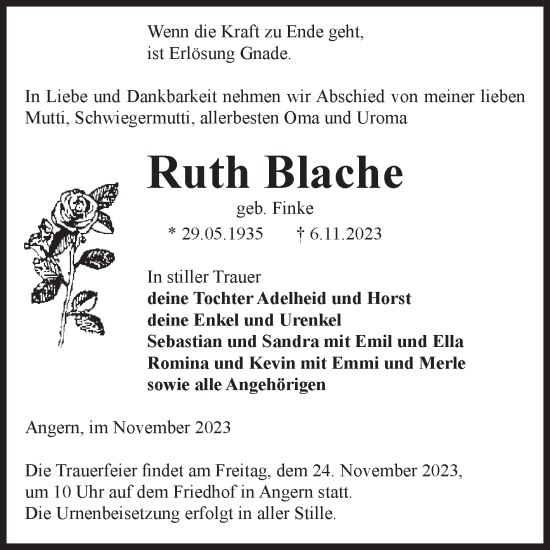 Traueranzeige von Ruth Blache von Volksstimme Haldensleben/Wolmirstedt