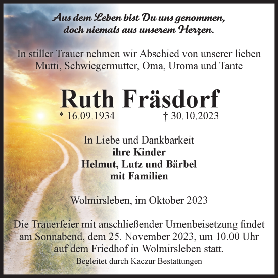 Traueranzeige von Ruth Fräsdorf von Volksstimme Staßfurt
