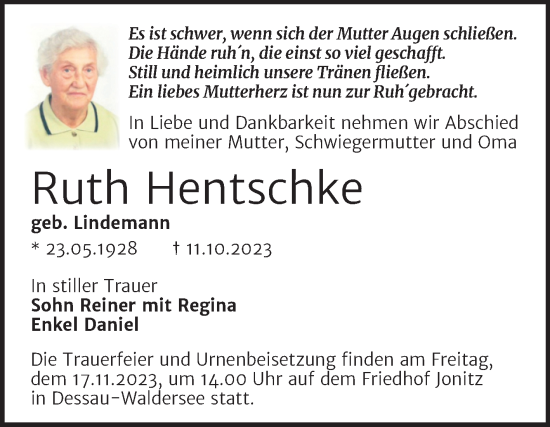 Traueranzeige von Ruth Hentschke von Trauerkombi Dessau