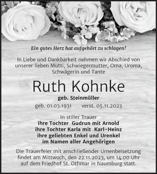 Traueranzeige von Ruth Kohnke von Naumburger Tageblatt