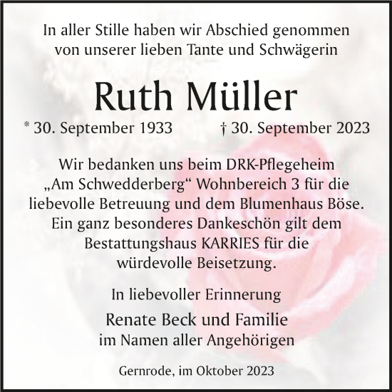 Traueranzeige von Ruth Müller von Trauerkombi Quedlinburg