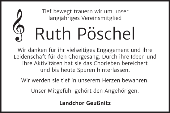 Traueranzeige von Ruth Pöschel von Trauerkombi Zeitz