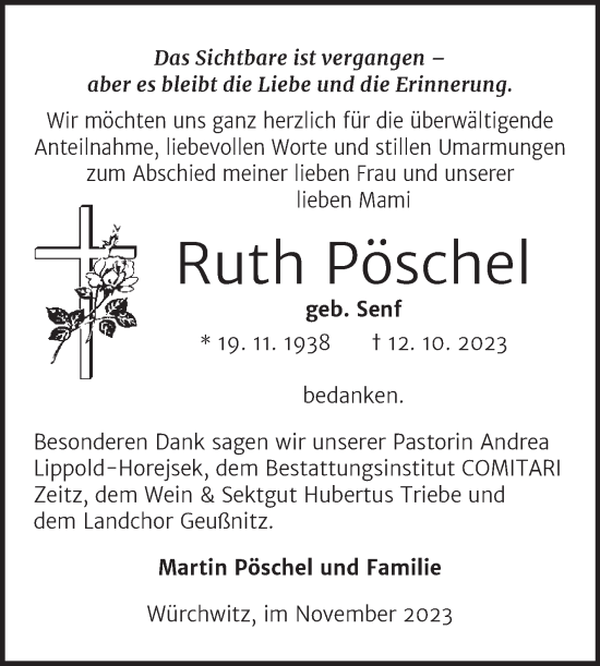 Traueranzeige von Ruth Pöschel von Trauerkombi Zeitz