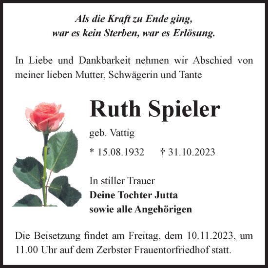 Traueranzeige von Ruth Spieler von Volksstimme Zerbst