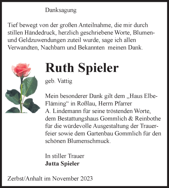 Traueranzeige von Ruth Spieler von Volksstimme Zerbst