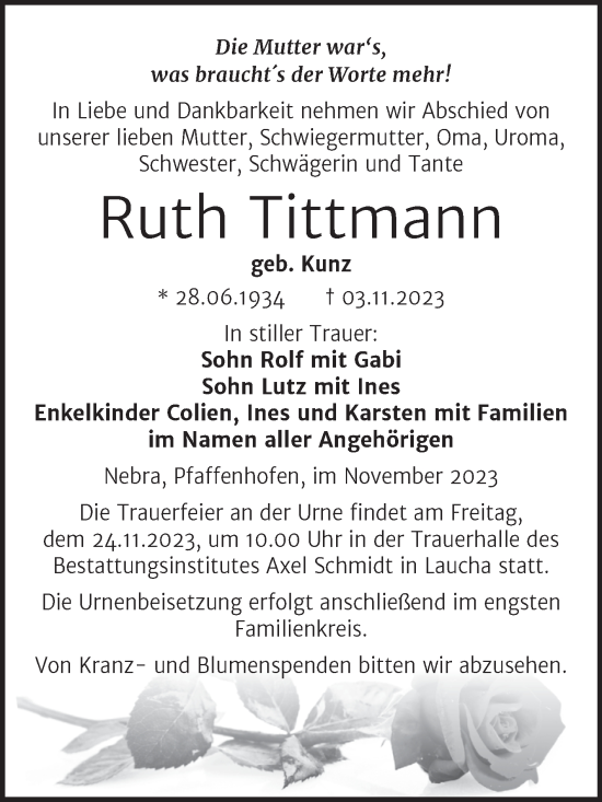 Traueranzeige von Ruth Tittmann von Wochenspiegel Naumburg/Nebra