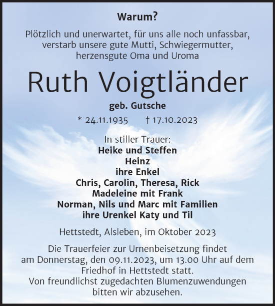 Traueranzeige von Ruth Voigtländer von Trauerkombi Mansfelder Land