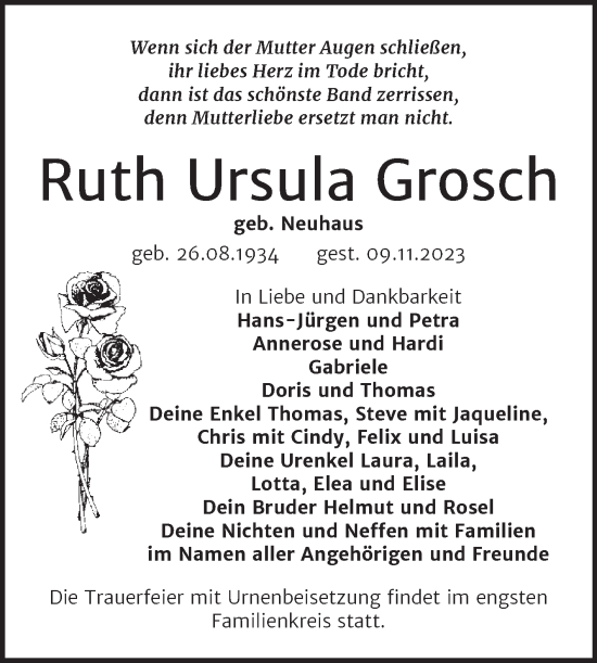 Traueranzeige von Ruth Ursula Grosch von Trauerkombi Bitterfeld