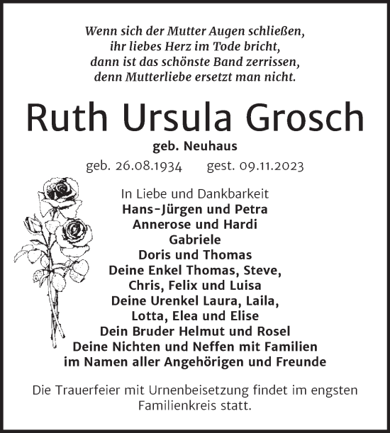 Traueranzeige von Ruth Ursula Grosch von Trauerkombi Bitterfeld