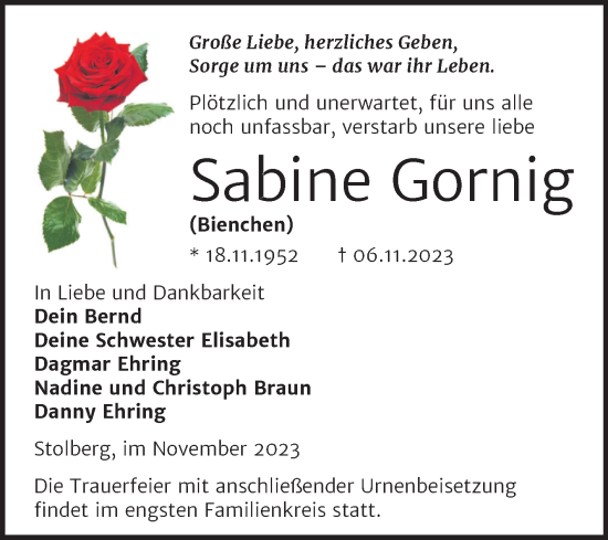 Traueranzeige von Sabine Gornig von Trauerkombi Sangerhausen
