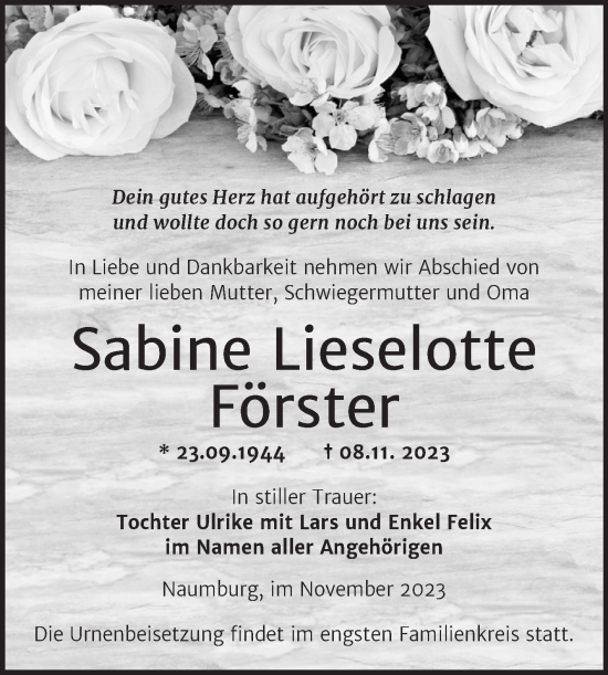 Traueranzeige von Sabine Lieselotte Förster von Wochenspiegel Naumburg/Nebra