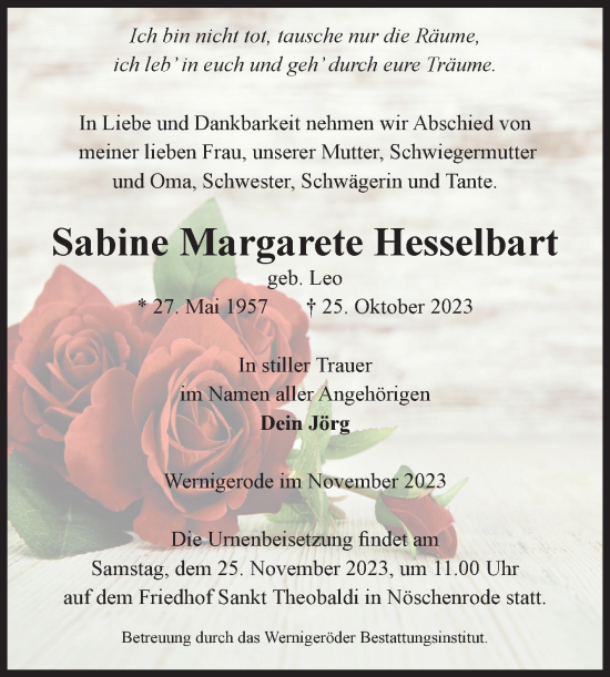 Traueranzeige von Sabine Margarete Hesselbart von Volksstimme Wernigerode