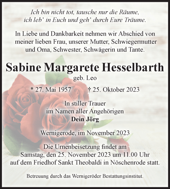 Traueranzeige von Sabine Margarete Hesselbarth von Volksstimme Wernigerode