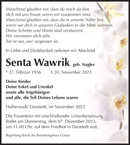 Traueranzeige von Senta Wawrik von Volksstimme Halberstadt
