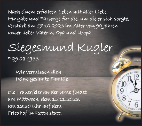 Traueranzeige von Siegesmund Kugler von Trauerkombi Wittenberg