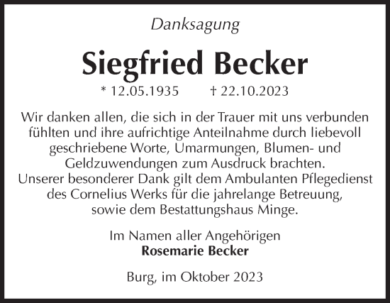 Traueranzeige von Siegfried Becker von Volksstimme Burg/Genthin