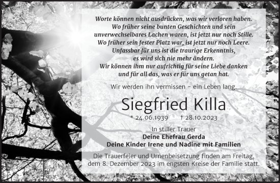 Traueranzeige von Siegfried Killa von Trauerkombi Wittenberg