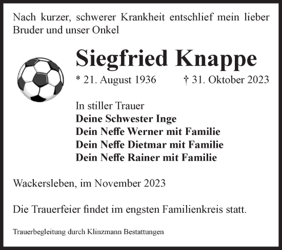 Traueranzeige von Siegfried Knappe von Volksstimme Oschersleben/Wanzleben
