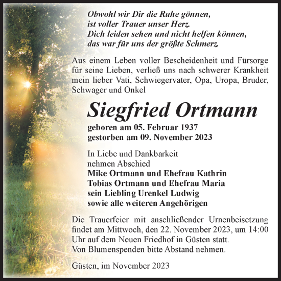 Traueranzeige von Siegfried Ortmann von Volksstimme Staßfurt