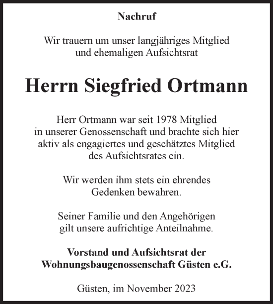 Traueranzeige von Siegfried Ortmann von Volksstimme Staßfurt