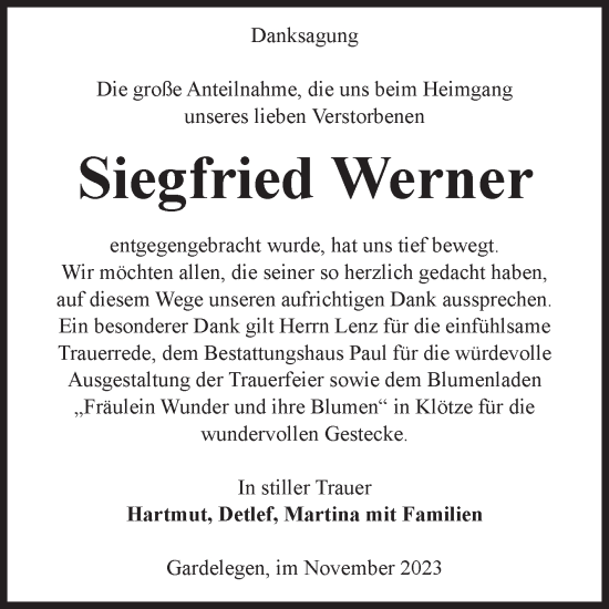 Traueranzeige von Siegfried Werner von Volksstimme Altmark West