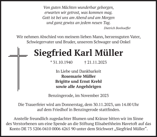 Traueranzeige von Siegfried Karl Müller von Volksstimme Wernigerode