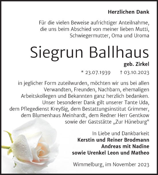 Traueranzeige von Siegrun Ballhaus von Trauerkombi Mansfelder Land