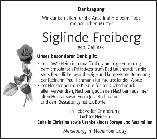Traueranzeige von Siglinde Freiberg von Trauerkombi Merseburg