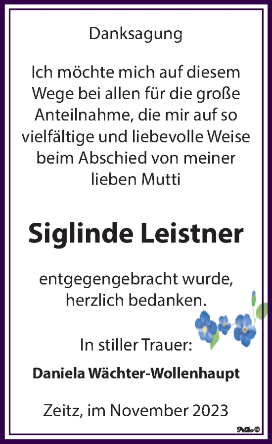 Traueranzeige von Siglinde Leistner von Trauerkombi Zeitz