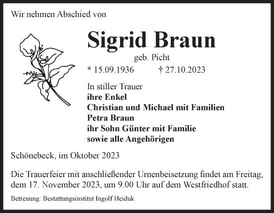 Traueranzeige von Sigrid Braun von Volksstimme Schönebeck
