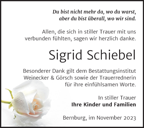 Traueranzeige von Sigrid Schiebel von Trauerkombi Bernburg